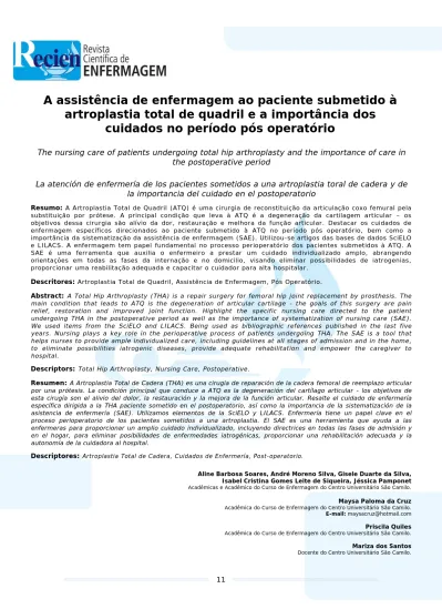 A Assist Ncia De Enfermagem Ao Paciente Submetido Artroplastia Total