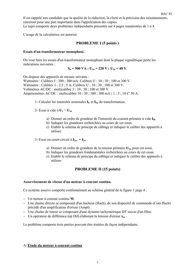 PROBLEME I 5 points Essais d un transformateur monophasé On veut