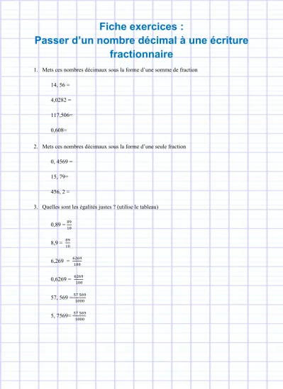 Fiche Exercices Passer Dun Nombre D Cimal Une Criture Fractionnaire