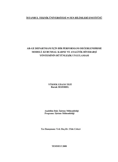 Ar ge Departmanı İçin Bir Performans Değerlendirme Modeli Kurumsal