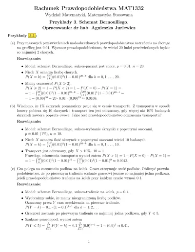 Wydzia Matematyki Matematyka Stosowana Przyk Ady Schemat Bernoulliego