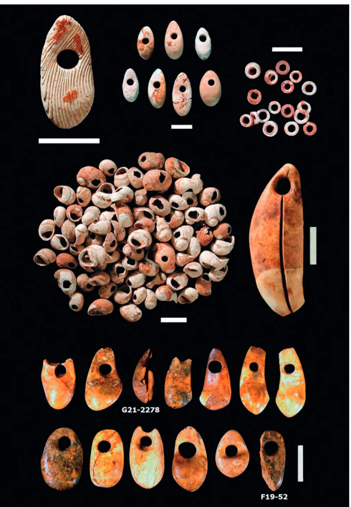Fig. 3  Early Neolithic ornaments from the Galeria da Cisterna (Almonda). Top row, left to right: oval pendant made on cuttlefish shell (Sepia officinalis); 