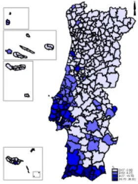 Figura 3 - Percentagem de estrangeiros no total de população, por município, Portugal,  2009  % [0.07 ; 2.60] ]2.60 ; 4.27] ]4.27 ; 16.70] ]16.70 ; 28.32]N