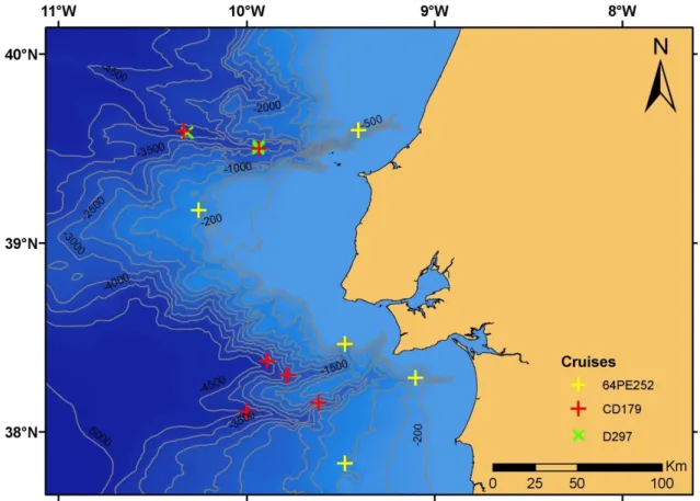 Figure 1 – Map of the study sampling sites, with bathymetric chart of Portuguese margin canyons