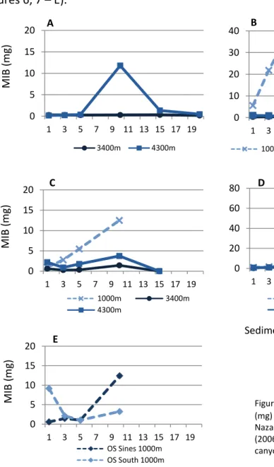 Figure  6  –  Mean  individual  biomass  (MIB)  (mg)  with  increasing  sediment  depth,  for  Nazaré  canyon  (2005)  (A),  Nazaré  canyon  (2006)  (B),  Setúbal  canyon  (C),  Cascais  canyon (D) and adjacent open slopes (E)