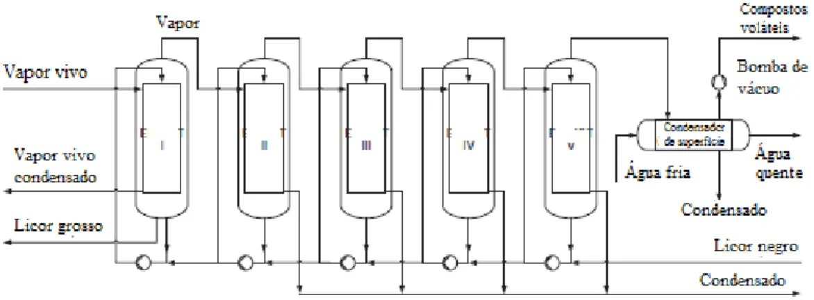 Figura 9 - Princípio de funcionamento de um evaporador de múltiplo – efeito, demonstrado  numa unidade de 5 efeitos (adaptado de Sixta, 2006)