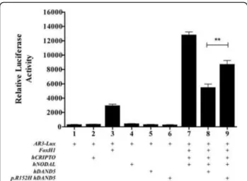 Fig. 2 Functional analysis of DAND5 variant. The identified p.R152H variant was evaluated through a luciferase assay as readout of Nodal signaling