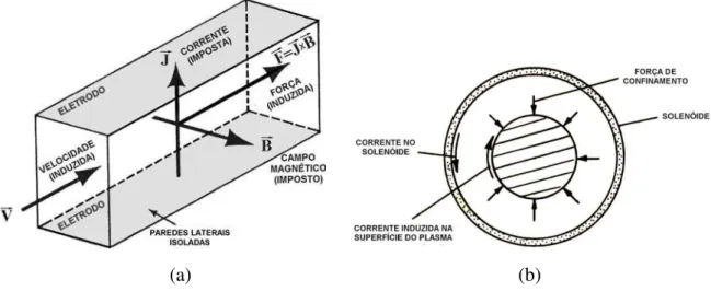 Figura 2.1 – Esquema (a) de uma bomba eletromagnética (adaptado de Shercliff, 1965) e   (b) do confinamento magnético de plasma (adaptado de Davidson, 2001)