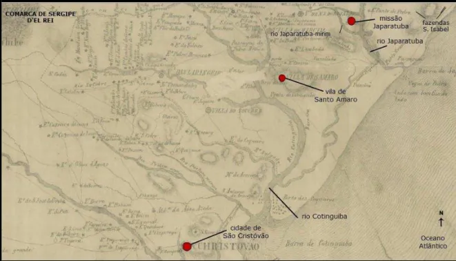 Figura 23: Detalhe do mapa “Carta Corographica [...] da Provincia de Sergipe Del Rey” (1844), situando a Vila de Santo  Amaro das Brotas em Sergipe