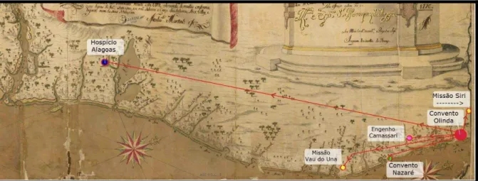 Figura  27:  A  macrorregião  dos  carmelitas  calçados  na  Capitania  de  Pernambuco  representada  no  recorte  do  “Mappa  Tipografico dos Portos [...]” (1776)