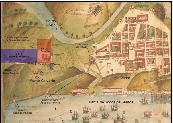 Figura 8: Detalhe do mapa “Planta de Restituição da Bahia” (1631), sinalizando as prováveis terras de doação (1  e 2, em rosa) e as terras de doação e de troca (3 e 4, em violeta) dos carmelitas no Monte Calvário