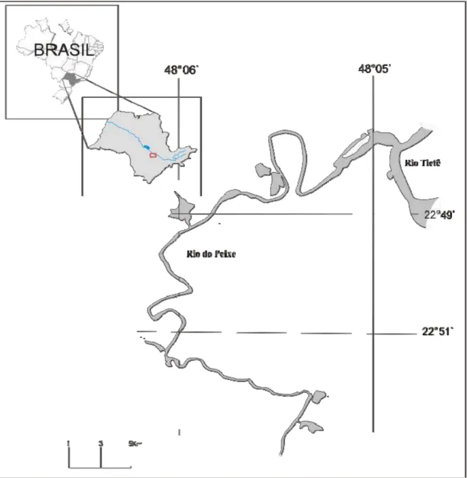 Figura 1. Mapa da área de estudo, mostrando detalhes do rio e suas coordenadas geográficas