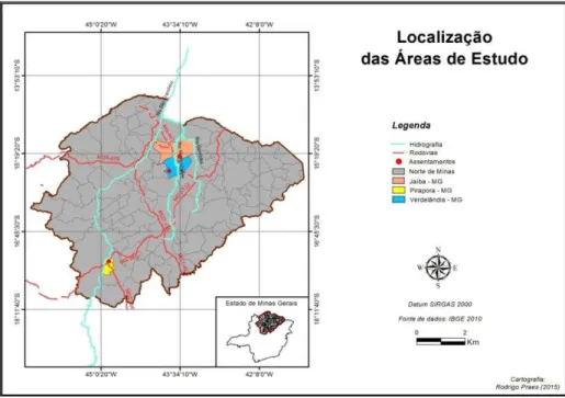 Figura  4  –   Localização  dos  assentamentos  nos  municípios  de  Jaíba,     Pirapora e Verdelândia no Norte do Estado de Minas Gerais
