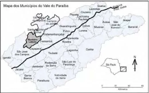 FIGURA 1: Mapa dos Municípios do Vale do Paraíba destacando-se a  microrregião de Campos do Jordão e o município de Monteiro  Lobato