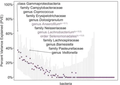 Fig 2. “Chip heritability” for 102 bacterial taxa tested in the “seasons combined” analysis