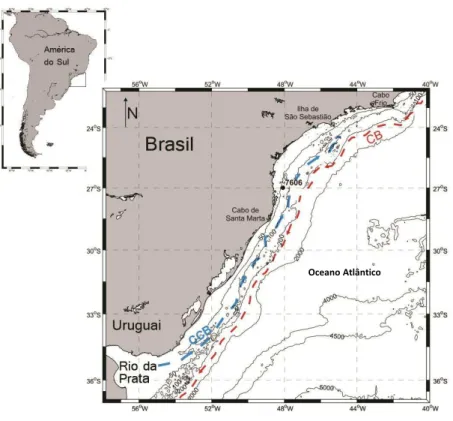 Figura 2: Mapa batimétrico da área de estudo com a localização do testemunho 7606. 