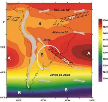 Figura 8: Média anual da altitude da superfície geopotencial 850 hPa (aproximadamente  1.500  metros  de  altitude  acima  do  nível  do  mar)  a  partir  de  dados  de  reanálise  NCEP/NCAR (Kalnay et al., 1996)
