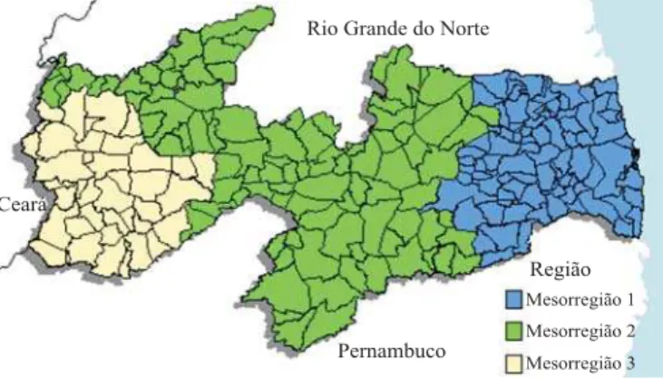 Figura 1. Localização geográfica das mesorregiões que possuem a mesma estação chuvosa do Estado da Paraíba, mesorregião [1] (abril a julho), mesorregião [2] (fevereiro a maio) e mesorregião [3] (janeiro a abril)