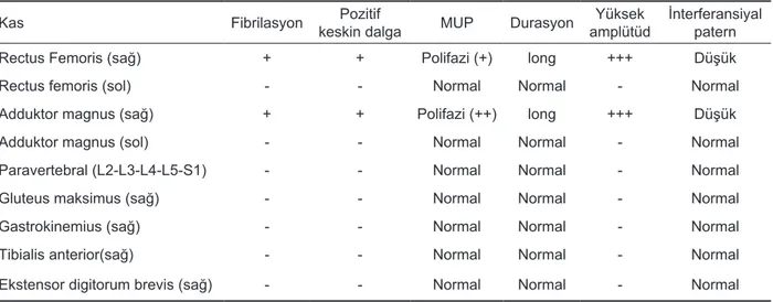 Tablo 1. İğne elektromiyografi çalışmasının sonuçları
