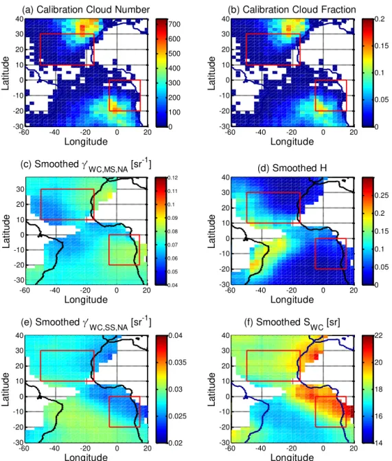 Figure 3. Spatial distributions of (a) number of calibration opaque water clouds above which no other cloud or aerosol layer was de- de-tected, (b) the fraction of calibration clouds relative to the total samples in each grid, (c) smoothed mean integrated 