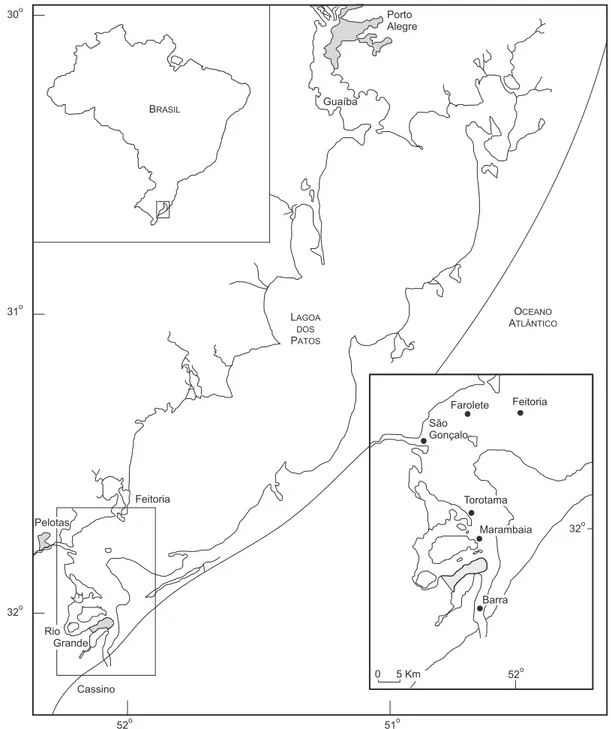 Fig. 1 — Mapa da Lagoa dos Patos (RS) e região estuarina com os respectivos locais de amostragem.