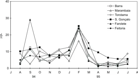 Fig. 2 — Variação sazonal das concentrações de clorofila-a nas seis estações do estuário da Lagoa dos Patos (RS), durante 12 meses.
