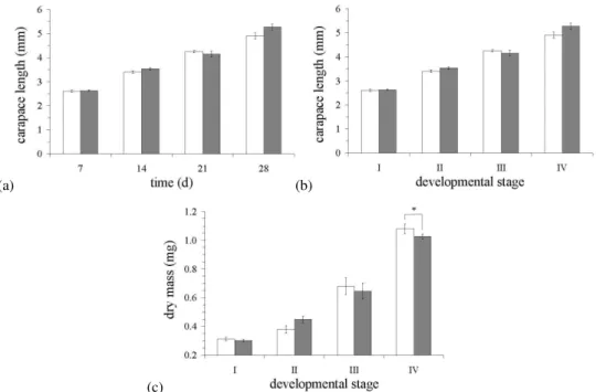 Fig. 2. Relationships between growth and development for larval H. gammarus during exposure to CO 2 -acidification (1200 ppm)