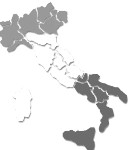 Figura I.2: Mapa da Itália evidenciado as principais regiões geográficas. Norte em cinza  claro, Centro em branco e Sul em cinza escuro