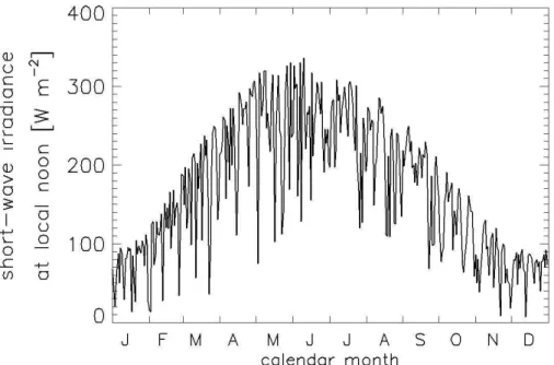 Fig. 2. Short-wave local-noon irradiances used in ROMS. This annual cycle was repeated for each year of the simulation.