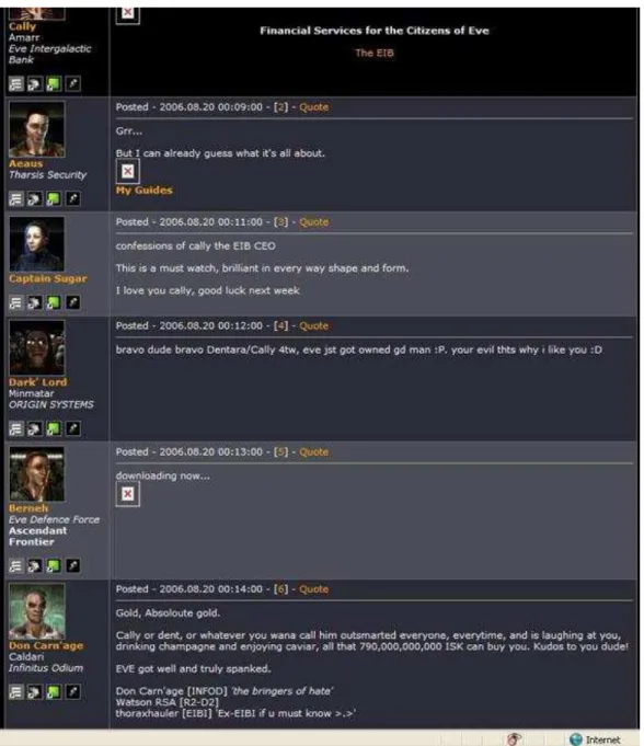 Figura 4 - Imagem de tela do Fórum dos jogadores de EVE Online, com mensagens de admiração e de incentivo  após  o  saque  virtual  (com  prejuízo  financeiro  real),  em  2006