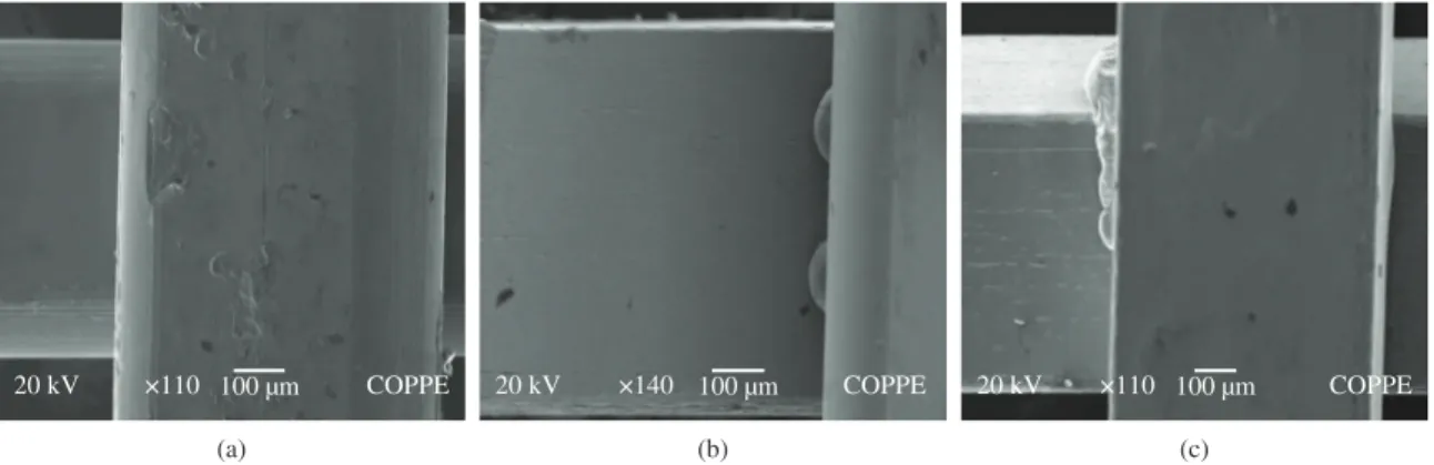 Figure 4. Topography under SEM of alloy combinations at P40: a) SS × NiTi, b) NiTi × NiTi and c) NiTi × Beta-Ti.