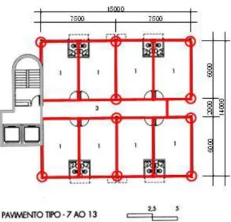 Figura 2.24: Lançamento estrutural sobre planta de pavimento tipo. Edifício Scala Work  Center, Arquiteto João Diniz
