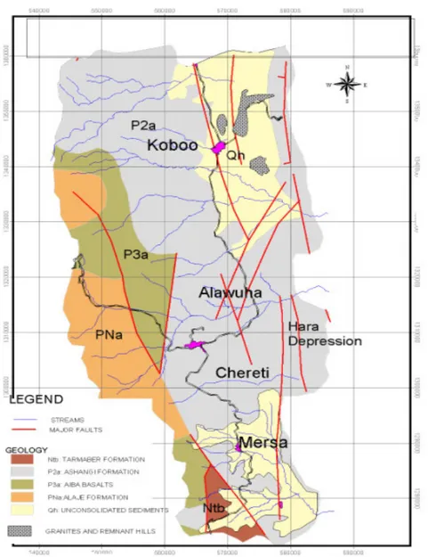 Figure 3.2 Geology and Structural Map of Kobo-Girana valley:source geological map of Ethiopia,1996