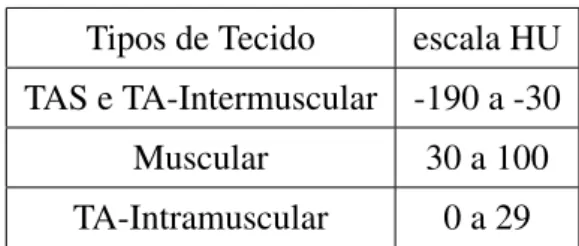 Tabela 2.1: Intervalos na escala HU referentes à absorção dos tecidos adiposos e musculares.