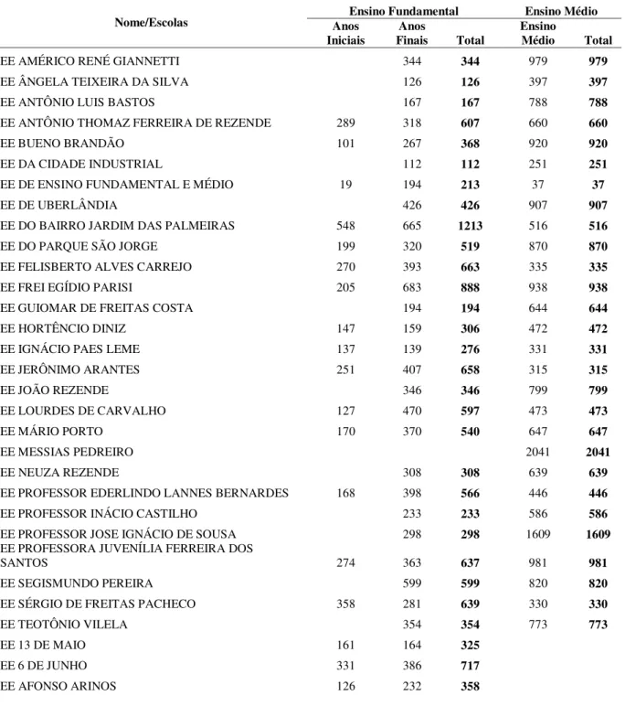 Tabela 3 - Número de matrículas na rede estadual de ensino nos níveis fundamental e médio em  Uberlândia em 2015 