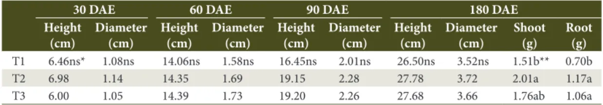 Table 1. Means of height, root-colar diameter, shoot and root dry weight of Pinus taeda seedlings at  30, 60, 90 and 180 days after emergence (DAE), inoculated with Bacillus subtilis