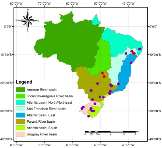 Figure 11. Occurrence of Ceratium furcoides in Brazilian aquatic systems, showing previous records (purple dots)  and new records from central-western Brazil and the northeast (red dots).