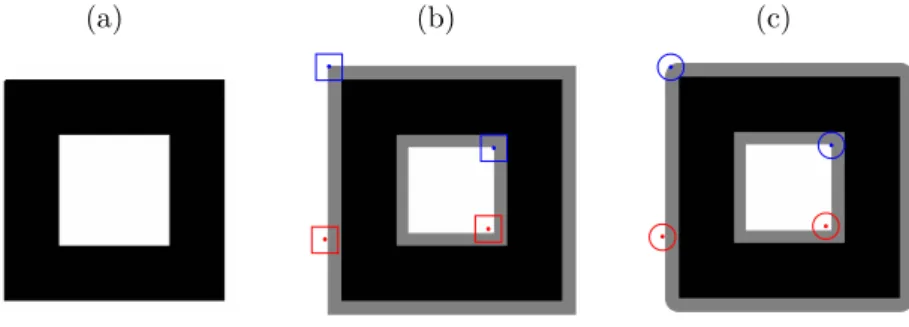 Figure 4.2 – Original image (a) and the result of binary dilation with (b) a square and (c) a circle structural element