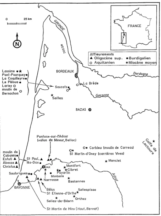 Fig. 1 - Carte géographique des localités citées en Aquitaine.