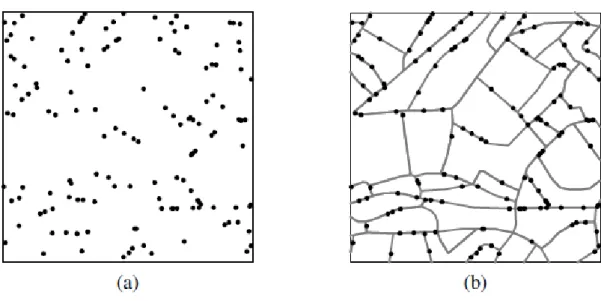 Figura 1 Diferença entre distribuição de eventos sobre um espaço Euclidiano (a) e sobre  ou ao longo de uma rede linear (b)