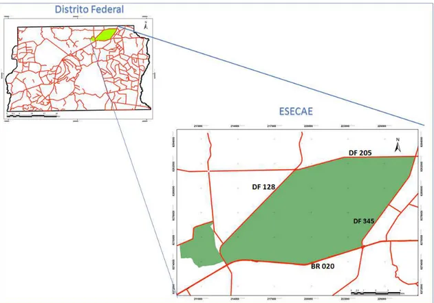 Figura 2. A grande área preenchida em verde é a Estação Ecológica Águas Emendadas  – ESECAE