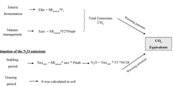 Fig. 3. Method used for the estimation of the CH 4 and N 2 O emissions (CO 2 equivalents) from the livestock, where E fer = emissions from the enteric fermentation;