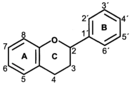 Figura 2: Estrutura básica e sistema de numeração de flavonóides   [Fonte: Bravo, 1998].