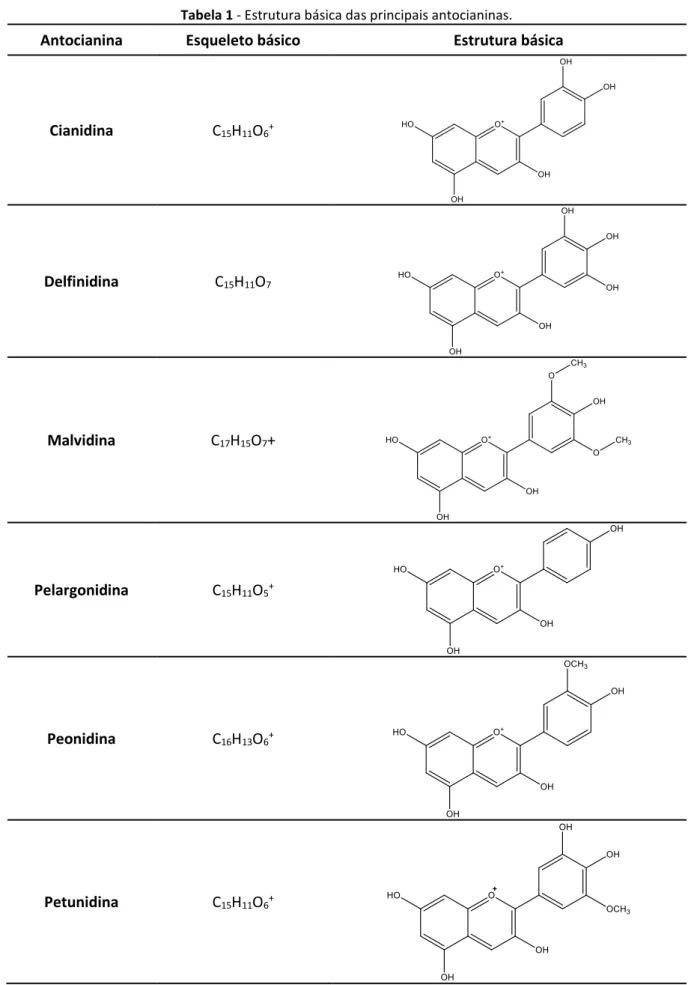 Tabela 1 - Estrutura básica das principais antocianinas. 