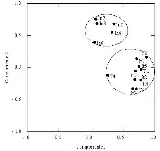 Figura 1. Análise de componentes principais (PCA) a partir da composição da assembléia de formigas em três estágios sucessionais de uma floresta estacional decidual (inicial = In, intermediário = It e tardio = T), no Parque Estadual Mata Seca, MG.