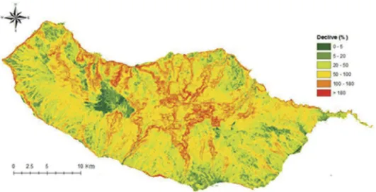 Figura 8. Carta de comprimentos médios de encosta, na ilha da Madeira (m).