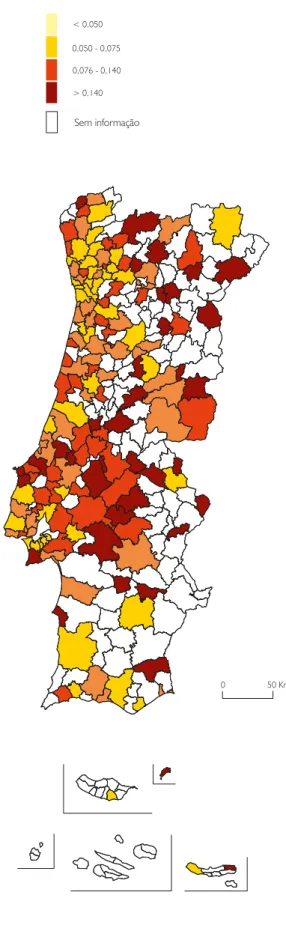 Figura 2.7  Número de denúncias e/ou reclamações  ambientais por mil habitantes efetuadas ao IGAMAOT e  ERSAR, em 2016, e à CADA, por município, em 2015  (com parecer favorável ou parcialmente favorável)  