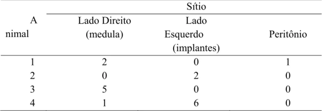 Tabela 3. Número de folículos antrais observados na histologia em cada sítio avaliado  após 63 dias dos transplantes
