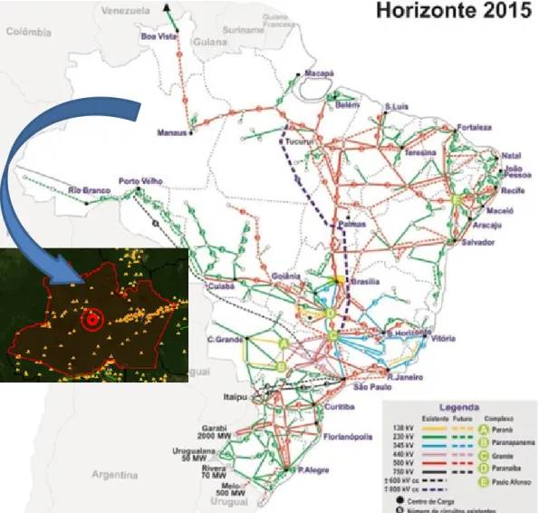 Figura 1 Sistema de transmissão de energia elétrica no Brasil e localização das termoelétricas no  estado do Amazonas (ANEEL 2015) 