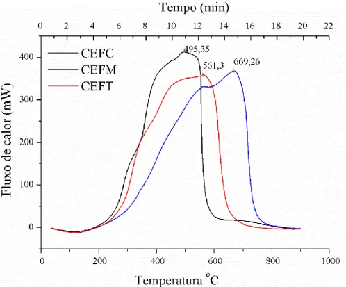 Figura 19 DSC dos carvões com aquecimento de 23 ℃ a 900 ℃ com rampa de 20 ℃ 